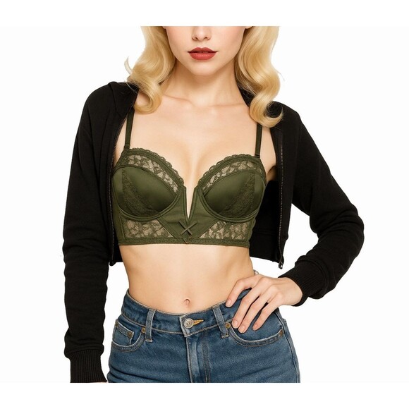 Victoria’s Secret Very Sexy Bustier Demi Bra 32C Olive Green Lace Satin Pin Up - Picture 1 of 14